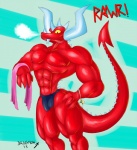 abs anthro athletic biceps biped bulge clothed clothing demon dragmon dragmon_(character) dragon fangs hi_res horn male muscular muscular_anthro mythological_creature mythological_scalie mythology nipples pecs pose red_body red_skin reptile scales scalie solo speedo standing swimwear tail teeth topless towel yellow_eyes