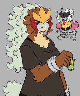 5_fingers anthro beverage black_body bra_strap brown_body brown_fur brown_hair can chest_tuft choker clothing container dialogue disembodied_head duo emanata eyes_closed female fingers fur grey_clothing grey_hair grey_shirt grey_tail grey_topwear grumpy hair holding_beverage holding_can holding_container holding_object holding_soda jewelry multicolored_body multicolored_fur multicolored_hair necklace open_mouth pink_hair red_eyes shirt simple_background tail tan_body tan_fur topwear tuft two_tone_body two_tone_fur two_tone_hair white_hair white_sclera wristwear yellow_body nerdyreindeer nintendo pokemon entei generation_2_pokemon legendary_pokemon pokemon_(species) raikou 2026