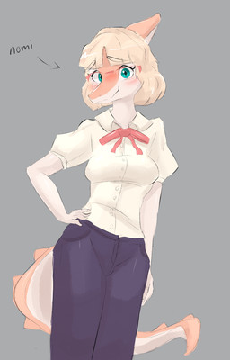 anthro blonde_hair blush bone_frill bottomwear breasts clothed clothed_anthro clothed_female clothing collared_shirt directional_arrow dress_shirt eyebrow_through_hair eyebrows eyewear female fingers frill_(anatomy) front_view glasses green_eyes grey_background grey_bottomwear grey_clothing grey_pants hair hand_on_hip humanoid_hands looking_at_viewer low-angle_view medium_breasts medium_hair non-mammal_breasts orange_body pants pose raised_inner_eyebrows red_bow shirt shy simple_background smile solo spiked_tail spikes spikes_(anatomy) tail text topwear translucent translucent_hair white_body white_clothing white_shirt white_topwear aowieuhfaowiehfoiawhff goodbye_volcano_high ko_op_(game_developer) naomi_(gvh) dinosaur hadrosaurid ornithischian ornithopod parasaurolophus prehistoric_species reptile scalie character_name colored hi_res shaded