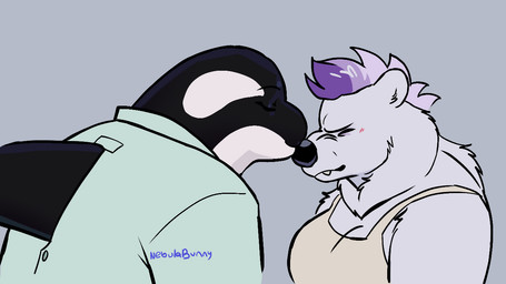ambiguous_anthro ambiguous_gender anthro black_body black_skin blush blush_lines breasts cleavage clothed clothed_ambiguous clothed_female clothing dorsal_fin earless eyes_closed female female_anthro fin fur furgonomic_topwear furgonomics hair kissing monotone_background monotone_body monotone_fur multicolored_body purple_hair round_ears ruff simple_background smooth_skin snaggle_tooth snout text two_tone_body white_body white_fur white_skin nebulabunny barbra_(smg065) marlowe_(nebulabunny) aquatic bear cetacean dolphin mammal oceanic_dolphin orca polar_bear toothed_whale ursine artist_name digital_drawing_(artwork) digital_media_(artwork) signature female_(lore)