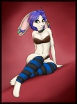 blue_hair breasts choker clothed clothing ear_piercing female green_eyes hair jewelry leg_warmers legwear necklace piercing sitting skimpy small_breasts solo arctic-sekai lagomorph leporid mammal rabbit watermark