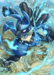 ambiguous_gender anthro aura aura_sphere blue_body blue_fur fur partially_submerged pokemon_move red_eyes solo spikes water supearibu nintendo pokemon generation_4_pokemon lucario pokemon_(species) 2020 hi_res