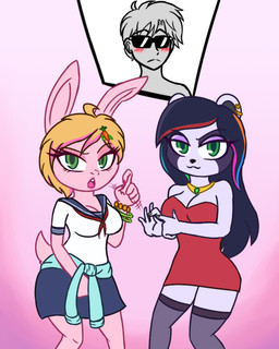 black_hair blonde_hair clothing duo faceless_character faceless_male female green_eyes grey_body group group_sex hair imminent_sex male pink_body pose seductive sex threesome anonymous_artist milky_rivas bear giant_panda lagomorph leporid mammal rabbit