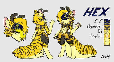 4_eyes abdominal_scar ambiguous_gender antennae_(anatomy) anthro belly big_tail bow_ribbon clothed clothing fluffy fluffy_tail food fur fur_markings fur_tuft honey_(food) long_tail long_tongue machine markings multi_eye open_hand partially_clothed pawpads scar solo striped_body striped_fur stripes tail tongue tuft hexemerald hex_emerald arthropod bee hybrid hymenopteran insect protogen model_sheet agender_(lore) nonbinary_(lore)