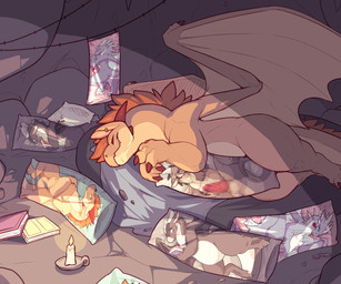 book candle cave claws closed_smile countershading dakimakura ear_piercing ear_ring feral horn hug hugging_object hugging_pillow lying male mane membrane_(anatomy) membranous_wings mouth_closed on_side paws piercing pillow ring_piercing scales sleeping smile solo tail tan_body tan_scales toe_claws wings scafen_(artist) european_mythology mythology wings_of_fire moonwatcher_(wof) qibli_(wof) scarf_(scafen) winter_(wof) dragon icewing_(wof) mythological_creature mythological_scalie nightwing_(wof) sandwing_(wof) scalie western_dragon 2025 6:5 absurd_res censored hi_res