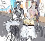 alternate_costume anthro beer_mug boxers_(clothing) canid canine canis clothing clothing_swap cowboy_hat coyote duo hat headgear headwear hi_res human male male/male mammal oversized_clothing propositioning sagging_pants speech_bubble swordsofsevens underwear