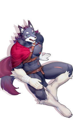 abs anthro areola arm_wraps belt biped bottomwear bulge claws clothing detailed_bulge feet finger_claws fingers front_view fur genital_outline grey_body grey_fur high-angle_view humanoid_feet humanoid_hands loincloth male muscular muscular_anthro muscular_male navel nipples pecs penis_outline plantigrade scar shadow simple_background sitting solo spread_legs spreading three-quarter_view toe_claws toes white_background white_body white_fur wraps goo_loong arcane_shop gahel_(arcane_shop) canid canine canis mammal wolf absurd_res colored hi_res shaded