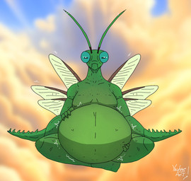 ambiguous_gender anthro belly big_belly blue_eyes green_arms green_belly green_body green_legs hand_on_belly huge_belly overweight rumbling_stomach sky solo text wings yauhasart arthropod insect mantis 2025 english_text flat_colors hi_res watermark
