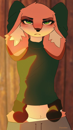 ambiguous_gender anthro big_ears bottomwear breast_grab breasts clothed clothing clothing_lift disembodied_hand duo female female/ambiguous female_focus frown green_eyes hand_on_breast hands_behind_head inner_ear_fluff long_ears midriff nipples panties pants solo_focus sweater sweater_lift sweatpants topwear tuft turtleneck underwear freeedon ri_(freeedon) deer mammal 2d_animation animated hi_res