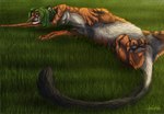 black_tail eyes_closed female fur grass green_hair hair lying navel on_back orange_body orange_fur outside plant solo striped_body striped_fur stripes tail goldenphoenix101 chakat_blacktail chakat felid felid_taur mammal mammal_taur pantherine pantherine_taur taur tiger tiger_taur