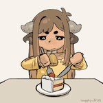 brown_hair cake clothed clothing cowbell cutlery dessert eating female food fork fully_clothed hair horn kitchen_utensils knife notched_ear solo tools young gorarati taa-chan animal_humanoid bovid bovid_humanoid humanoid mammal mammal_humanoid animated nonbinary_(lore)