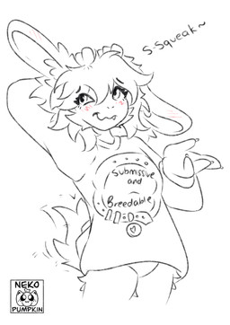 anthro antlers blush blush_lines bottomwear clothing fangs female horn pants shirt shy snaggle_tooth solo squeaking submissive t-shirt tail tail_motion tailwag teeth topwear nekopumpkin submissive_and_breedable_(meme) latte_(nekopumpkin) jackalope lagomorph mammal absurd_res hi_res