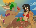 antlers beach bikini clothing duo female female/female food fruit horn leg_crush melon plant swimwear two-piece_swimsuit avencri the_eye_of_ramalach jane_(avencri) mer-ankhes_moswen jackalope lagomorph mammal