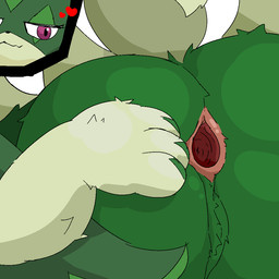 ambiguous_gender anthro anus butt cutaway expression_cutaway fur gaping gaping_anus green_body green_fur hand_on_butt heart_symbol looking_at_viewer mouth_closed naughty_face nude paws presenting presenting_anus presenting_hindquarters purple_eyes raised_tail rear_view simple_background solo spread_anus spreading tail toilet_paper_(pixiv) nintendo pokemon felid feline generation_9_pokemon mammal meowscarada pokemon_(species) 1:1 2026 digital_media_(artwork)