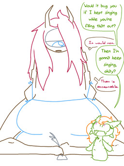 1_eye big_breasts blue_eyes breasts cactus clothed clothing dialogue duo eyelashes female hair hat headgear headwear horn larger_female not_furry open_mouth orange_hair paper pink_eyes pink_hair plant size_difference smaller_female smile speech_bubble text the_weaver monstro_village agua dewbon cyclops elemental_creature flora_fauna humanoid monster english_text
