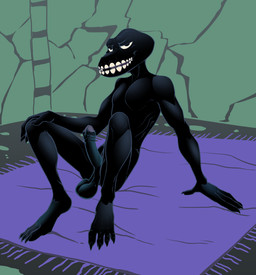 anthro balls bedroom_eyes black_body erection foreskin genitals grin male narrowed_eyes nightmare_fuel not_furry_focus penis rug saggy_balls seductive slim smile solo underground mistakenpotatoes mina_the_hollower yacht_club_games grinnsly_(mina_the_hollower) humanoid monster absurd_res hi_res