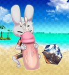 beach blush blush_lines bodily_fluids bulge clothing cum ejaculation genital_fluids genitals latex male outside penis seaside solo swimwear ofuro ninjin_clash_of_carrots ninjin_(ninjin_clash_of_carrots) human lagomorph leporid mammal rabbit hi_res