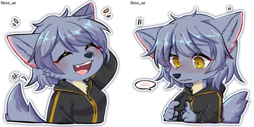 anthro black_clothing black_hoodie black_nose black_topwear blue_body blue_fur blue_hair blush chibi clothing embarrassed female fingerpads fur hair hoodie open_mouth pawpads shy simple_background smile solo topwear white_background ressue maku_(maku450) canid canine canis mammal wolf