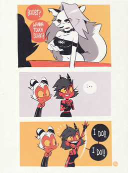 4_fingers anthro biped blush blush_lines bow_tie breasts cleavage clothed clothing collar dialogue ear_piercing ear_ring ellipsis eye_contact eyelashes fangs female female_anthro female_humanoid fingers fur group hair horn logo_parody looking_at_another male male_humanoid mouth_closed navel notched_ear open_mouth piercing raised_arm raised_tail red_body red_eyes red_skin ring_piercing smile speech_bubble spiked_collar spikes tail tattoo teeth text topwear trio white_body white_fur wide_eyed yellow_eyes edtropolis boobs?_wanna_touch_boobs? hellaverse helluva_boss hooters mythology loona_(helluva_boss) millie_(helluva_boss) moxxie_(helluva_boss) canid canid_demon canine demon demon_humanoid hellhound humanoid imp mammal mythological_canine mythological_creature 2024 absurd_res comic hi_res meme signature