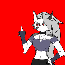 anthro collar ear_piercing ear_ring female gesture hand_gesture middle_finger piercing red_background ring_piercing simple_background solo studded_collar studs unknown_artist hellaverse helluva_boss mythology loona_(helluva_boss) canid canid_demon canine demon hellhound mammal mythological_canine mythological_creature 1:1 absurd_res hi_res