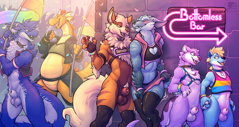 anthro biped blush claws clothed clothed_anthro clothed_male clothing countershade_torso countershading fingers front_view fur group hair horn male navel outside smile standing teeth tongue thesecretcave mythology nintendo pokemon arcanine dragon generation_1_pokemon hyena mammal mustelid mythological_creature mythological_scalie otter pokemon_(species) scalie 2026 digital_drawing_(artwork) digital_media_(artwork) hi_res