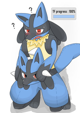 after_transformation ambiguous_gender anthro biped black_inner_ear black_markings blue_body blush bodily_fluids chest_spike clothing confusion costume countershade_torso countershading facial_markings featureless_crotch fursuit gloves_(marking) hand_spike handpaw head_markings implied_transformation kneeling leg_markings markings mask_(marking) nude open_mouth paws progress_bar red_eyes seam_(sewing) simple_background socks_(marking) solo spikes spikes_(anatomy) sweat text white_background yellow_body yellow_countershading root_doggie nintendo pokemon animate_inanimate generation_4_pokemon living_clothing living_costume lucario pokemon_(species) 2023 absurd_res colored english_text hi_res japanese_description