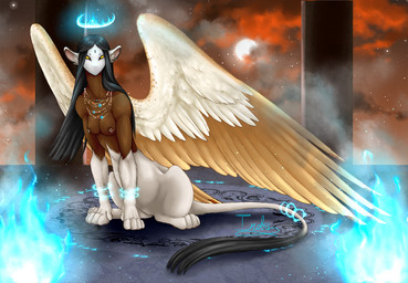 black_hair breasts brown_body brown_skin female fur hair mask nipple_piercing nipples piercing sitting solo temple white_body white_fur wings the13thblackcat mythology deity felid mammal mythological_creature mythological_sphinx