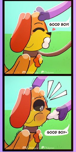 anthro black_eyes blush blush_lines bodily_fluids bone bone_in_mouth charm_(jewelry) collar deep_throat dialogue duo fur good_boy grabbing_head grass headpat jewelry leash leashed_collar male male/male neck_bulge necklace oral oral_penetration orange_body orange_fur outside penetration petting plant pupils purple_body purple_fur saliva shaking shaking_arms shocked speech_bubble sweat sweatdrop tears text tongue tongue_out white_pupils yellow_body yellow_fur tinky mob_entertainment poppy_playtime smiling_critters catnap_(poppy_playtime) dogday_(poppy_playtime) canid canine canis domestic_cat domestic_dog felid feline felis mammal comic english_text hi_res url