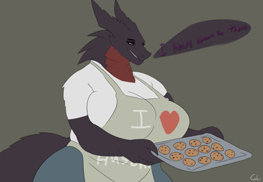 anthro big_breasts breasts clothing cookie dialogue eyebrows eyelashes female food horn purple_eyes solo speech_bubble tail teeth teeth_showing text text_on_clothing gorgonwriting mythology dragon mythological_creature mythological_scalie scalie absurd_res hi_res