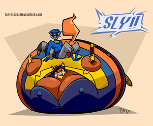 anthro belly belly_expansion big_belly big_breasts body_inflation breast_expansion breasts clothing duo expansion female gloves gun handwear huge_belly huge_breasts hyper hyper_belly hyper_breasts hyper_inflation immobile inflation lying male male/female on_front ranged_weapon simple_background spherical_inflation text weapon tail-blazer sly_cooper_(series) sony_corporation sony_interactive_entertainment sucker_punch_productions carmelita_fox sly_cooper canid canine fox mammal procyonid raccoon 2017 animated