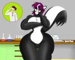 anthro breasts clothing coat covering covering_breasts female genitals hair human_to_anthro lab_coat laboratory looking_at_viewer muscular muscular_female purple_hair pussy solo species_transformation thick_thighs topwear transformation fabulousmare human mammal mephitid skunk 5:4 absurd_res hi_res