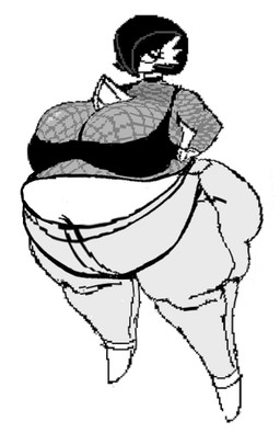belly big_belly big_butt black_hair bottomwear breasts butt chest_spike cleavage clothed clothing denim denim_bottomwear denim_clothing eyelashes featureless_feet feet female female_humanoid hair hand_on_hip huge_belly huge_butt huge_thighs jeans looking_away navel overweight overweight_humanoid pants solo spikes spikes_(anatomy) thick_thighs chompsky nintendo pokemon gardevoir generation_3_pokemon humanoid pokemon_(species) 2026 digital_drawing_(artwork) digital_media_(artwork) full-length_portrait hi_res monochrome portrait