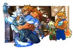 anthro belt biceps clothing fingerless_gloves fur gloves group hair handwear male muscular muscular_male simple_background wolfmalro cheong_hwan jeurantaes sye_(wolfmalro) canid canine canis felid fox lion mammal pantherine wolf 2019 digital_media_(artwork)