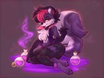 4_toes anthro barefoot biped chest_tuft claws clothing feet female fur kneeling looking_at_viewer open_mouth pawpads potion potion_bottle red_eyes simple_background solo tail toe_claws toes tuft dimwitdog indigo_park salem_the_skunk mammal mephitid skunk hi_res nonbinary_(lore)