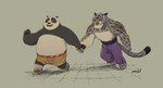 amuriart anthro bear belly black_and_white_fur bottomwear clothed clothing dreamworks duo felid fur giant_panda grey_body grey_fur hand_holding hi_res kung_fu_panda male male/male mammal markings master_po_ping overweight pantherine pants running shorts snow_leopard spots spotted_body spotted_fur tai_lung_(kung_fu_panda) topless
