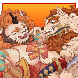 anthro barazoku blue_eyes duo eyes_closed fur holding_katana holding_melee_weapon holding_object holding_sword holding_weapon holidays horn katana male melee_weapon muscular muscular_anthro muscular_male nipples sword tan_body tan_fur weapon bujien_1487 asian_mythology chinese_mythology chinese_new_year east_asian_mythology japanese_mythology mythology sdorica xxl_woofia suichong toyokuni foo_dog komainu mammal mythological_creature mythological_nian nian_(species) yokai 1:1 colored crossover hi_res