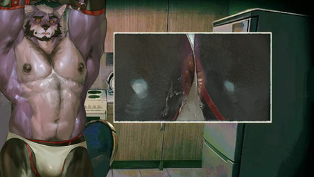 abs anthro anus anus_focus armpit_hair arms_above_head barazoku beard belly_hair bite black_nipples bodily_fluids body_hair bottomwear briefs chest_hair clothing cum cutaway facial_hair front_view genital_fluids hair happy_trail inside leaking_cum male navel nipples pubes purple_body raised_arms solo standing tight_bottomwear tight_clothing tongue tongue_bite tongue_out underwear white_briefs white_clothing white_hair white_underwear wball no_i'm_not_a_human canid canine canis mammal wolf hi_res
