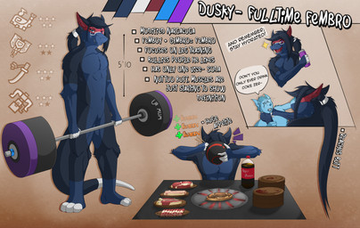 anthro asphyxiation beverage_bottle bottle choking container eating eating_food exercise food hair male meat muscular ponytail soda_bottle solo weightlifting workout dusky_fox capcom monster_hunter flying_wyvern nargacuga absurd_res hi_res model_sheet