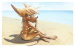 beach bikini bra butt clothed clothing female front_view gold_bikini hair hand_on_face latina light long_hair looking_at_viewer nails open_mouth orange_eyes question_mark sand sand_on_butt sand_on_foot sitting solo speech_bubble sunlight swimwear tail text topless two-piece_swimsuit underwear water yellow_body g0ni25 golden_week sega sonic_the_hedgehog_(series) fan_character mammal murid murine rat rodent absurd_res hi_res signature