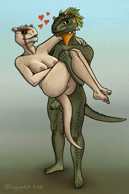 anthro anus areola arm_around_partner balls big_breasts breasts butt curling_toes darkened_glans duo eye_contact feather_hair feathers feet female foreskin genitals glans green_body green_feathers green_glans green_penis green_scales heart_reaction heart_symbol hearts_around_head holding_another holding_partner horn horn_jewelry jewelry looking_at_another male male/female nipples non-mammal_breasts non-mammal_nipples nude nude_female nude_male open_mouth partially_retracted_foreskin penis pseudo_hair red_eyes scales sharp_teeth simple_background smile standing tail tan_areola tan_body tan_nipples tan_scales teeth throbbing throbbing_penis urethra vulva yellow_eyes cayugo bethesda_game_studios microsoft skyrim the_elder_scrolls keerava talen-jei argonian scalie 2026 2:3 absurd_res digital_drawing_(artwork) digital_media_(artwork) hi_res shaded signature