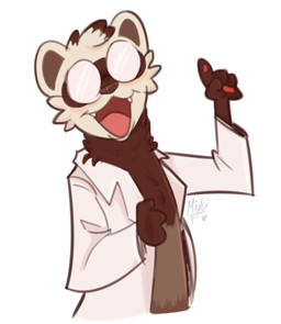 anthro brown_body brown_fur brown_inner_ear brown_nose clothed clothing coat eyewear fangs fur gesture glasses hand_gesture lab_coat male opaque_glasses open_mouth open_smile pawpads pink_tongue pointing pointing_up red_pawpads round_glasses simple_background smile solo teeth tongue topwear wearing_glasses white_background white_body white_fur mikifluffs tuko_(tukoferret) domestic_ferret mammal mustelid musteline true_musteline weasel 2025 digital_drawing_(artwork) digital_media_(artwork) half-length_portrait portrait shaded