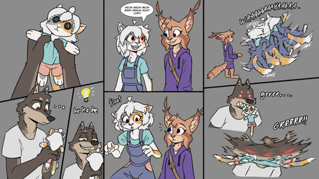 anthro brown_body brown_fur clothed clothed_anthro clothing dialogue duo ear_tuft female female_anthro freckles fully_clothed fully_clothed_anthro fur grey_body grey_fur hair hoodie humor light_bulb male male_anthro mouth_hold open_mouth open_smile orange_body orange_fur overalls purple_clothing purple_hoodie purple_topwear red_eyes smile solo speech_bubble talking_to_another topwear tuft voodoo voodoo_doll white_body white_fur white_hair theblueberrycarrots arcanis_(hahaluckyme) borko_(barkwoofawoo) marc_(theblueberrycarrots) calico_cat canid canine canis domestic_cat felid feline felis lynx mammal wolf 16:9 2026 4k absurd_res comic digital_drawing_(artwork) digital_media_(artwork) hi_res widescreen