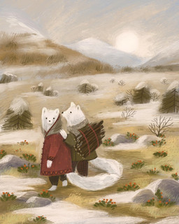 anthro biped black_eyes black_nose bottomwear clothed clothing detailed_background dot_eyes duo fur mountain outside pants simple_eyes sun sweater topwear white_body white_fur marie_muravski beastly_crimes canid canine mammal 2019 hi_res official_art