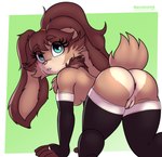 all_fours anthro anus biped breasts brown_body brown_fur butt clothed clothing eyelashes female fur genitals hair legwear looking_back pupils pussy simple_background solo thick_thighs thigh_highs three-quarter_view neronova star_wars star_wars_visions lop_(star_wars_visions) lagomorph lepi leporid mammal rabbit hi_res