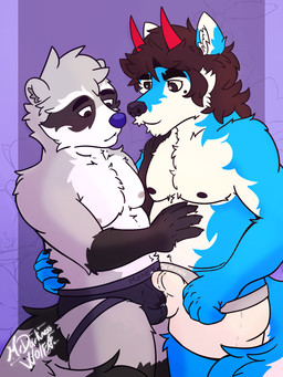 anthro balls balls_touching belly bodily_fluids body_hair briefs bulge bulge_frottage clothing detailed_bulge duo eyebrows flaccid frottage frottage_through_clothing genital_fluids genital_outline genitals half-erect happy_trail jockstrap leaking_precum male male/male penile penis penis_outline penises_touching precum precum_through_clothing realistic_penis_size sex small_penis thick_eyebrows underwear wet wet_clothing mrdarknesswolf mrdarknesswolf_(character) roquemapache canid canine canis demon hybrid mammal procyonid wolf 3:4 hi_res
