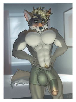 abs anthro balls_outline bed bedroom big_bulge big_penis biped black_eyebrows black_nose blonde_hair blonde_pubes border boxer_briefs boxer_briefs_only brown_body brown_fur bulge claws clothed clothed_anthro clothed_male clothing countershade_arms countershade_face countershade_fur countershade_hands countershade_legs countershade_neck countershade_tail countershade_torso countershading curtains detailed_background detailed_bulge ellipsis erection erection_under_clothing eyebrows featureless_chest finger_claws fingers front_view fur furniture genital_outline genitals glans green_boxer_briefs green_clothing green_underwear grey_body grey_fur hair hands_on_hips hands_on_own_hips huge_penis humanoid_genitalia humanoid_hands humanoid_penis inner_ear_fluff inside looking_at_genitalia looking_at_own_penis looking_at_penis looking_at_self looking_down looking_down_at_self male male_anthro motion_lines multicolored_body multicolored_fur muscular muscular_anthro muscular_male navel open_mouth pecs penis penis_poking_out penis_through_leghole picture_frame pink_glans pubes solo standing tail teeth topless topless_anthro topless_male tuft two_tone_tail underwear underwear_only whiskers white_body white_border white_claws white_countershading white_finger_claws white_fur white_inner_ear window yellow_eyes vulprofox oakley_coyote canid canine canis coyote mammal 2025 absurd_res dated film_grain hi_res portrait shaded signature textless three-quarter_portrait