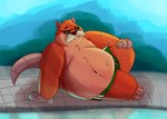 anthro belly big_belly bottomwear brown_body clothing eyewear male mature_male moobs overweight overweight_male shorts smile solo sunglasses water chubbymeel brok_the_investigator cowcat_games tramp_(brok_the_investigator) cricetid mammal muskrat rodent 2024 hi_res