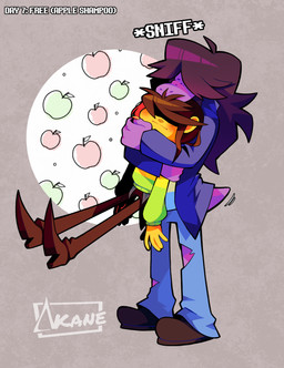 anthro bottomwear brown_hair clothing denim denim_bottomwear denim_clothing duo female freckles hair hug jeans male pants purple_background purple_body purple_skin simple_background text akanemnon deltarune undertale_(series) kris_(deltarune) susie_(deltarune) human mammal scalie 2023 hi_res