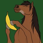 ambiguous_gender banana feral food fruit hair happy hooves mane plant smile solo text toy fluffymare dolero equid equine horse mammal 1:1 animated english_text low_res short_playtime