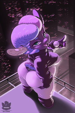 anthro big_breasts big_butt biped breasts butt clothing electronics female fur futuristic futuristic_city futuristic_theme looking_at_viewer looking_back looking_back_at_viewer loose_socks microphone outside overweight rooftop skinsuit solo standing tight_clothing wool_(fur) renabu fee_fee bovid caprine mammal sheep 2026 2:3 hi_res